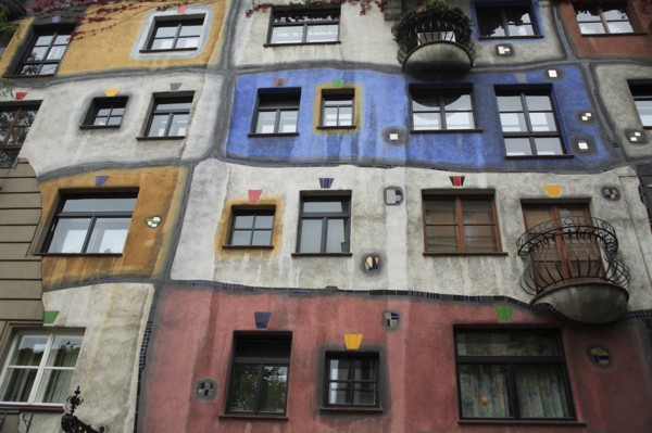 The Hundertwasser-Krawinahaus part view of exterior facade of apartment building. Photo: Bennett