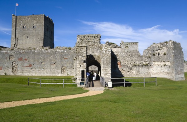 Portchester Castle showing the Norman 12th Century Tower and 14th Century Keep beyond the bridge