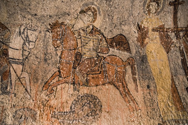 Open Air Museum. Snake Church wall fresco depicting St Theodore and St George slaying snake-like