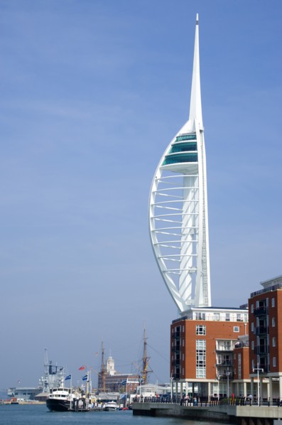 Harbour with the 170 metre Spinnaker Tower and Historic Naval Dockyard seen from Spice Island in