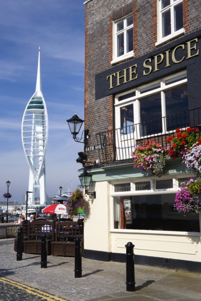 The 170 metre tall Spinnaker Tower seen from Spice Island in Old Portsmouth with The Spice Island