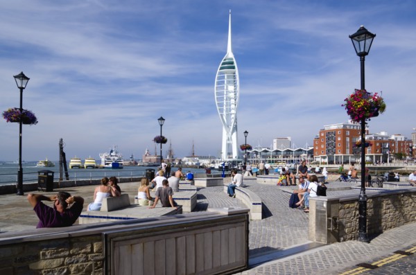 The 170 metre tall Spinnaker Tower and Historic naval Dockyard seen from Bath Square on Spice