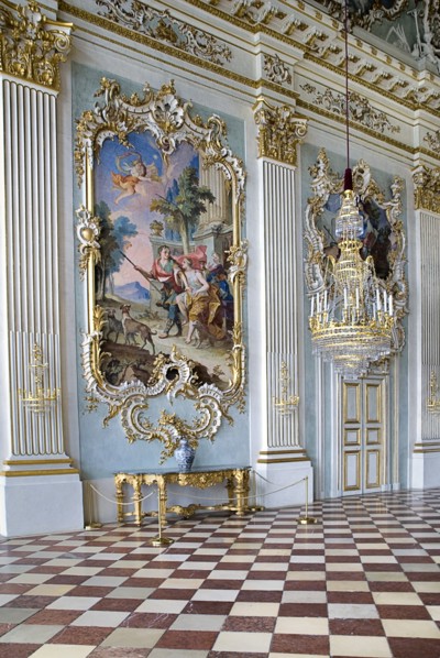 Nymphenburg Palace. Interior of Steinerner Saal the Stone or Great Hall with detail of paintings