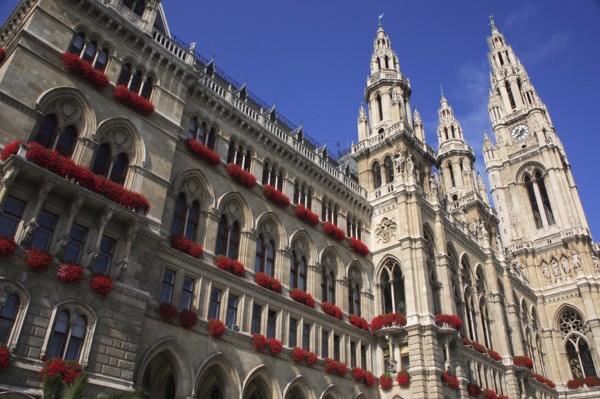 The Rathaus. Angled view of exterior and clock tower. Photo: Bennett Dean