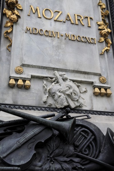 Detail of inscription and decoration at the base of the statue of Mozart in the Burggarten. Photo :
