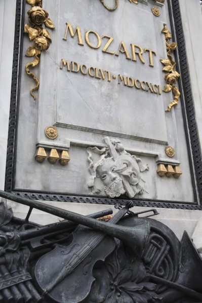 Detail of inscription and decoration at the base of the statue of Mozart in the Burggarten. Photo :