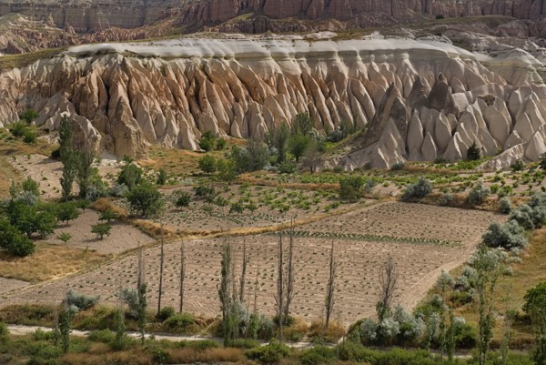 View across Rose Valley in foreground towards Red Valley behind. Cultivated land and eroded peaks