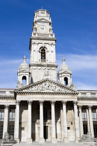 The Guildhall originally built in 1890 but rebuilt by 1959 after being bombed in 1941 during World