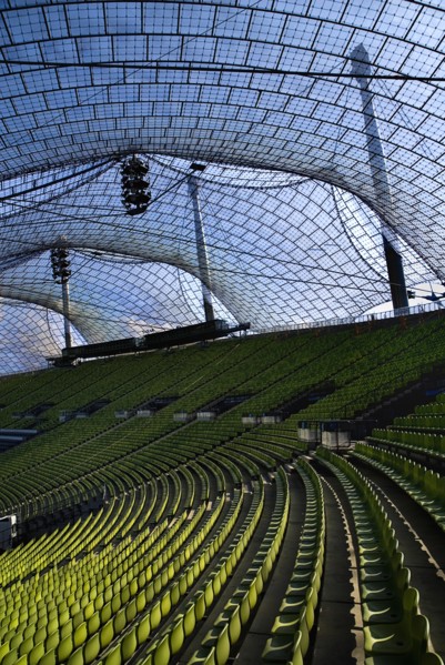Olympic Stadium built as the main venue for the 1972 Summer Olympics. View along seating beneath