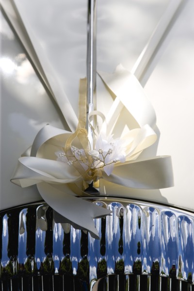 Cream ribbon tied in bow on bonnet of vintage white Daimler wedding car. Photo : Paul Seheult