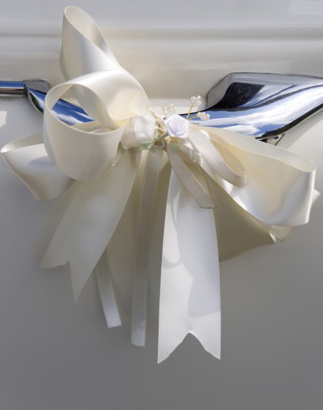 Cream ribbon tied in bow on door handle of vintage white Daimler wedding car. Photo : Paul Seheult
