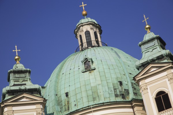 St Peters Church detail of green domed roof and tower tops. Thought to occupy the oldest Christian