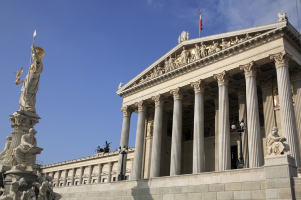 Parliament. Exterior facade with fountain and statue of Athena to the left. Photo: Bennett Dean