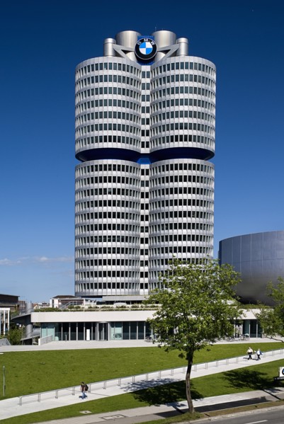 BMW Headquarters exterior with the BMW Tower which stands 101 metres tall and mimics the shape of