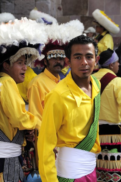 Mexico, Bajio, Zacatecas, Indigenous dance group performing in Plaza Hidalgo. 
Photo : Nick