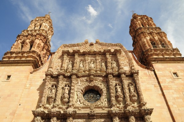 Mexico, Bajio, Zacatecas, Cathedral angled part view of baroque facade. 
Photo : Nick Bonetti