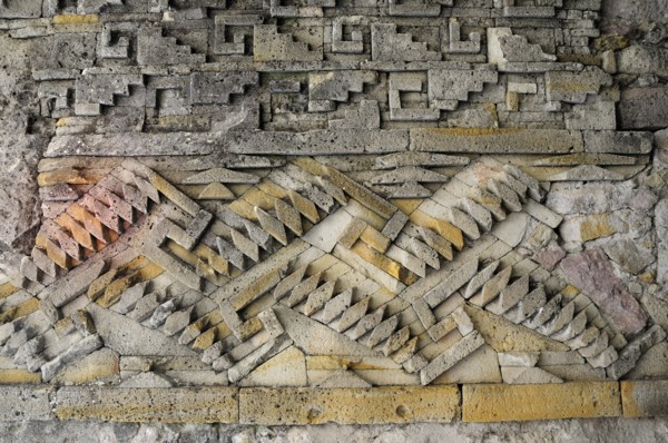 Mexico, Oaxaca, Mitla, Archaeological site. Detail of stone geometric mosaics on the Templo de las