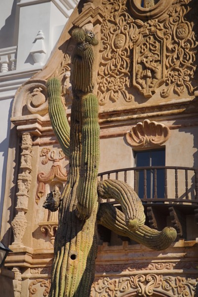 USA, Arizona, Tucson, Mission Church of San Xavier del Bac. Detail of balcony and carved window