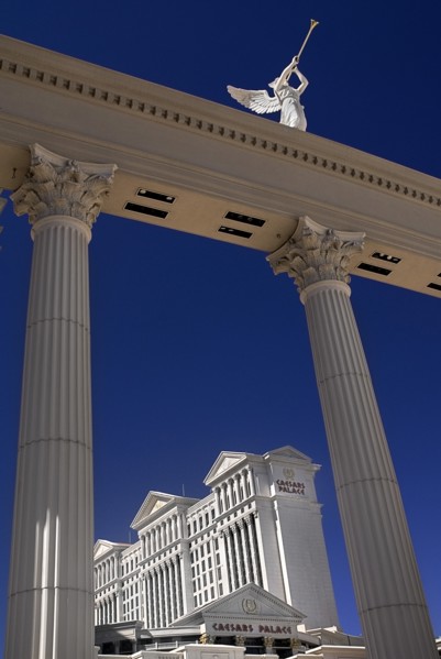 USA, Nevada, Las Vegas, The Strip winged statue detail outside Caesars palace hotel and casino.