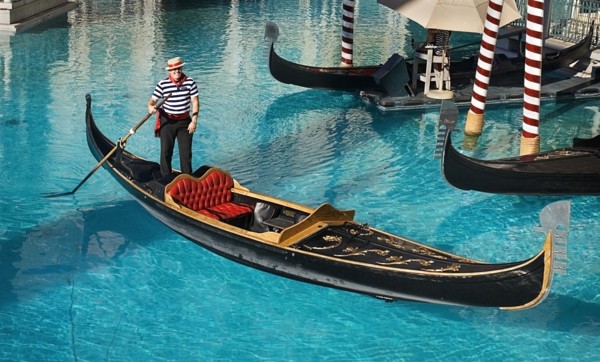 USA, Nevada, Las Vegas, The Strip gondola outside side the entrance to the Venetian hotel and