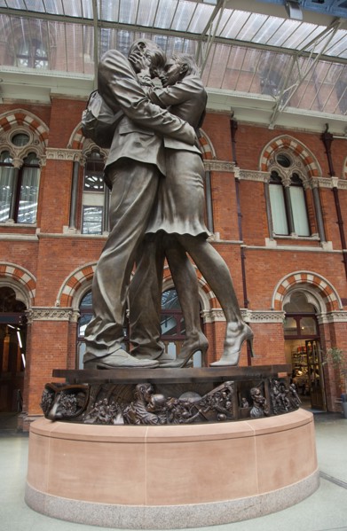 England, London, St Pancras railway station on Euston Road The Meeting Place statue by Paul Day.