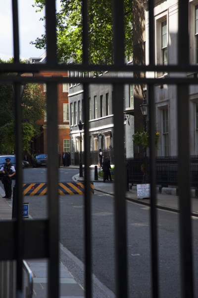 England, London, Westminster Whitehall Downing Street Security gates and armed police guards.