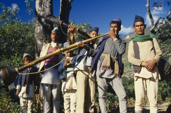 Nepal, East, Sangawa Khola Valley, Musicians taking part in wedding procession. 
Photo : Chris