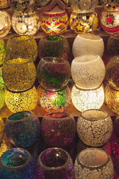 Turkey, Istanbul, Eminonu Misir Carsisi Spice Market display of colourful lamps. 
Photo : Stephen