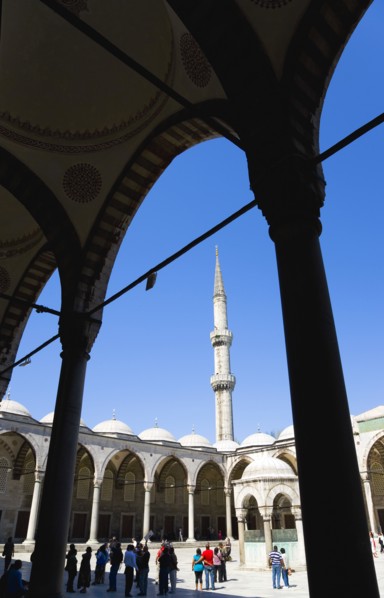 Turkey, Istanbul, Sultanahmet Camii The Blue Mosque Courtyard and minaret with Absolutions Fountain
