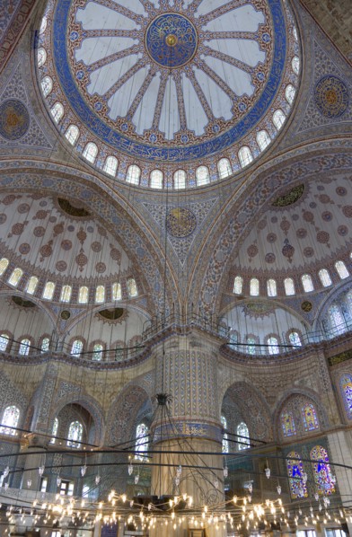 Turkey, Istanbul, Sultanahmet Camii The Blue Mosque interior with decorated painted domes with