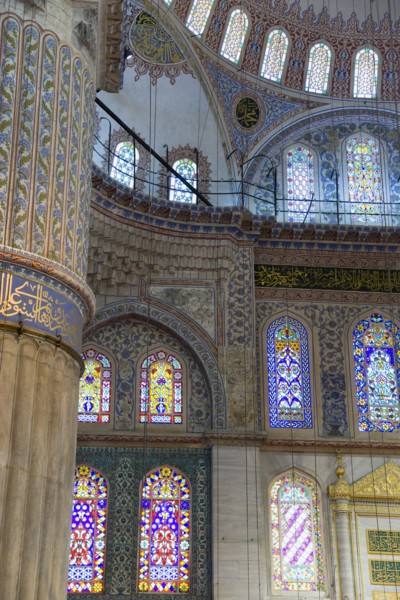 Turkey, Istanbul, Sultanahmet Camii The Blue Mosque interior with painted walls and stained glass