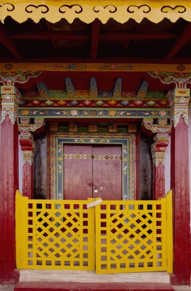Art in Buddhist Monastery architecture in Sikkim, India - hand crafted and painted door