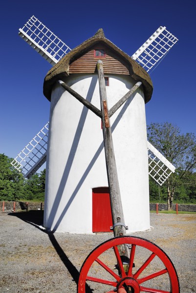 Ireland, County Roscommon, Elphin, Windmill. Painted white with red door. Built c.1730 and restored