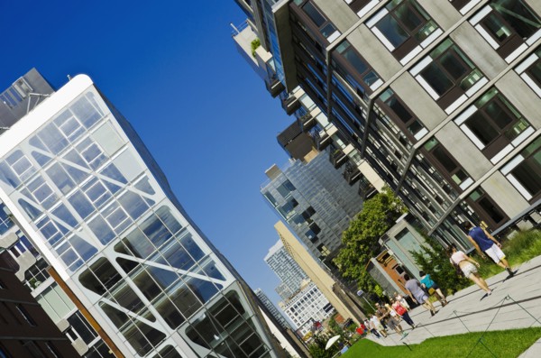 USA, New York, Manhattan, West Side Highline Park at 23th Street the HL23 Building on the left