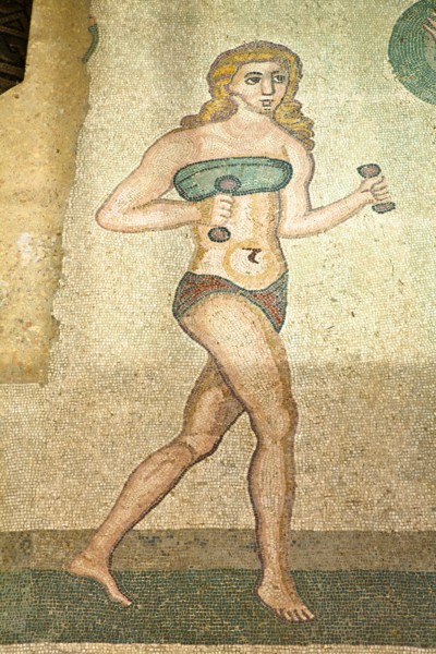Italy, Sicily, Piazza Armerina, Villa Romana del Casale Mosaic of female gymnasts in bikinis Hall