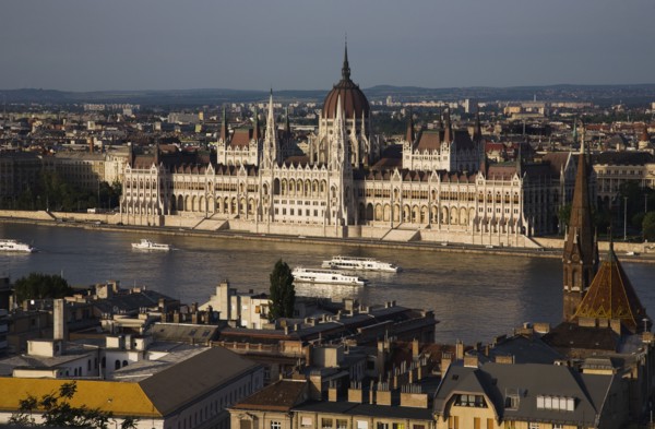 Buda Castle District view over Danube and Pest with Parliament Building.