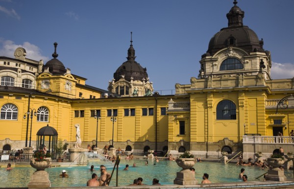 Pest Outdoor bathing in summer at Szechenyi thermal baths largest in Europe.