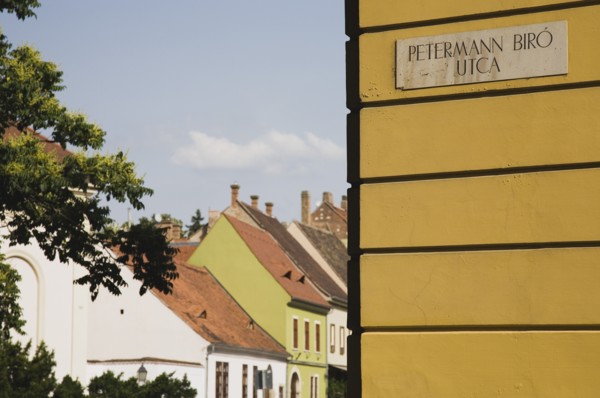 Street sign on corner in Buda Castle District.