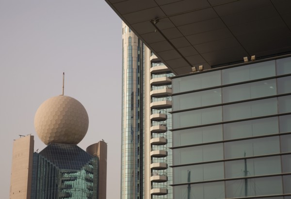 Etisalat building from awning of National Bank of Dubai overlooking the Creek.