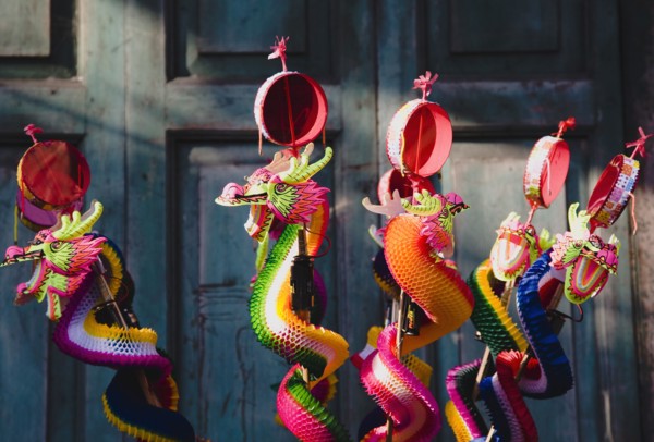 Paper Dragon rattle decorations for Chinese New Year.