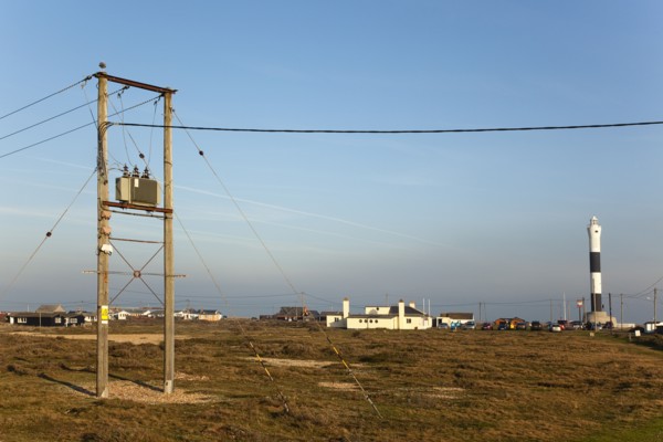 View toward the Light Railway Cafe with power cables in the foreground.