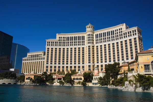 The Bellagio Hotel Casino across the fountain lake.