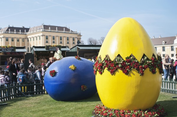 Giant painted Easter eggs at entrance of the Easter Market at the Schonbrunn Palace.