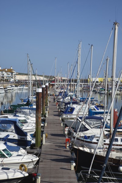 View over boats moored in the Marina with apartment buildings behind.