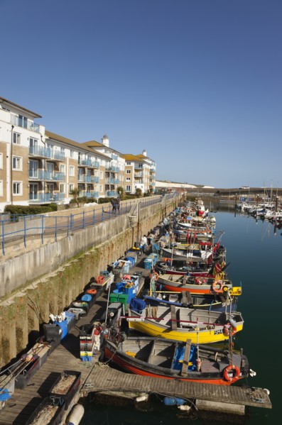 View over fishing boats moored in the Marina with apartment buildings behind.