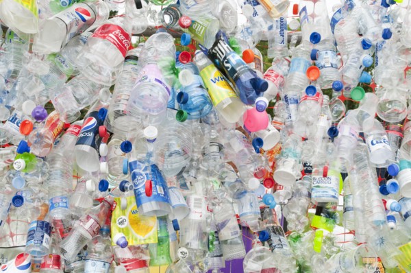 Plastic bottles attached to a wire fence at the WOMAD festival to highlight the need to recycle non-sustaninable materials.