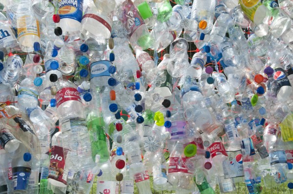 Plastic bottles attached to a wire fence at the WOMAD festival to highlight the need to recycle non-sustaninable materials.