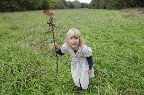5 year old Eva with stick & leaf flag in a field of grass.