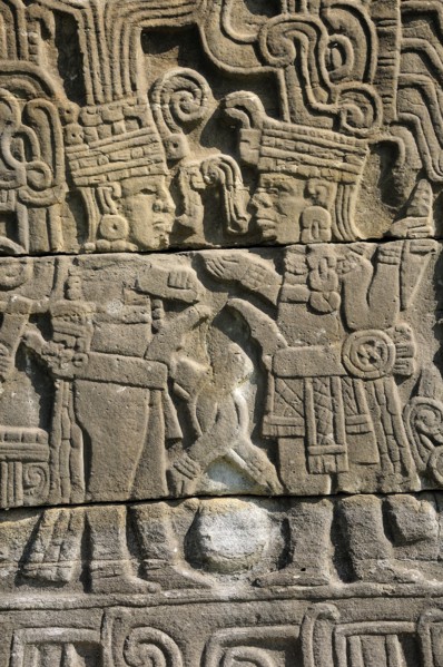 Mexico, Veracruz, Papantla, El Tajin archaeological site Relief carvings on wall of Juegos de