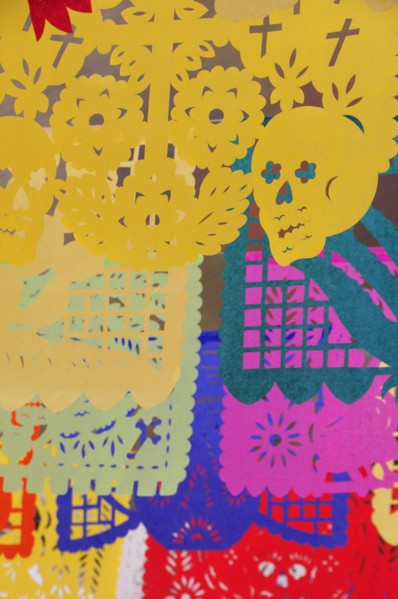 Mexico, Oaxaca, Brightly coloured decorations and symbols for Dia de los Muertos or Day of the Dead